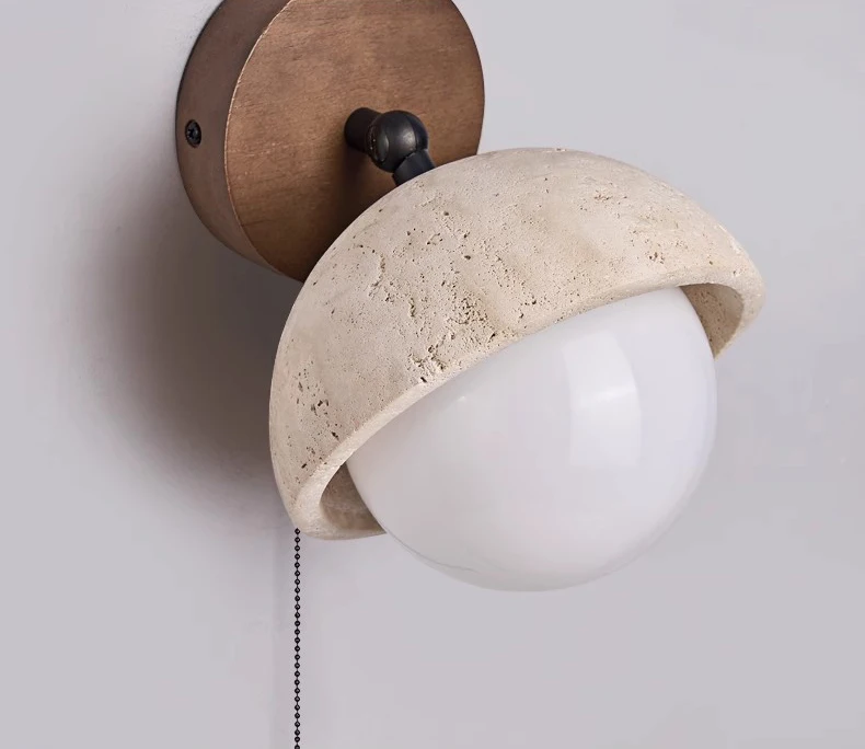 Dark Wood Base LED Wall Lamp Real Stone Vintage Sconce