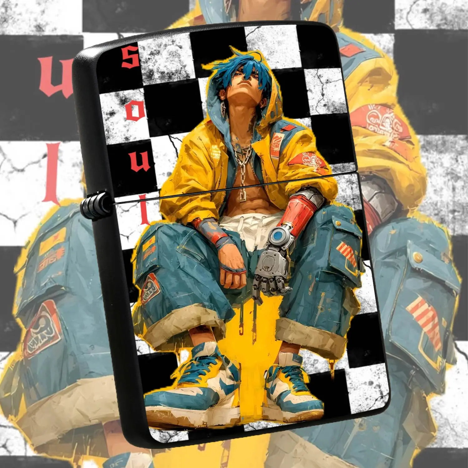 Stylish Cyber Blue-Haired Mechanical Themed Lighter, Black White Checkerboard Art Print Decor, Portable Ignition Tool For Camping Hiking Daily Gathering, Creative Unique Trendy Gift For Friends And Hobbyists, Versatile Practical Accessory F