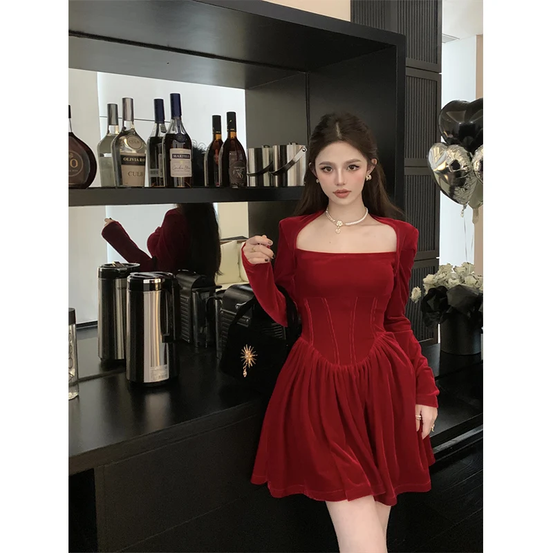 

2024 Velvet Square Corset A Line Women Formal Dress Bodycon Long Sleeve New Year Elegant Autumn Party Sexy Lady Chic Mini Dress