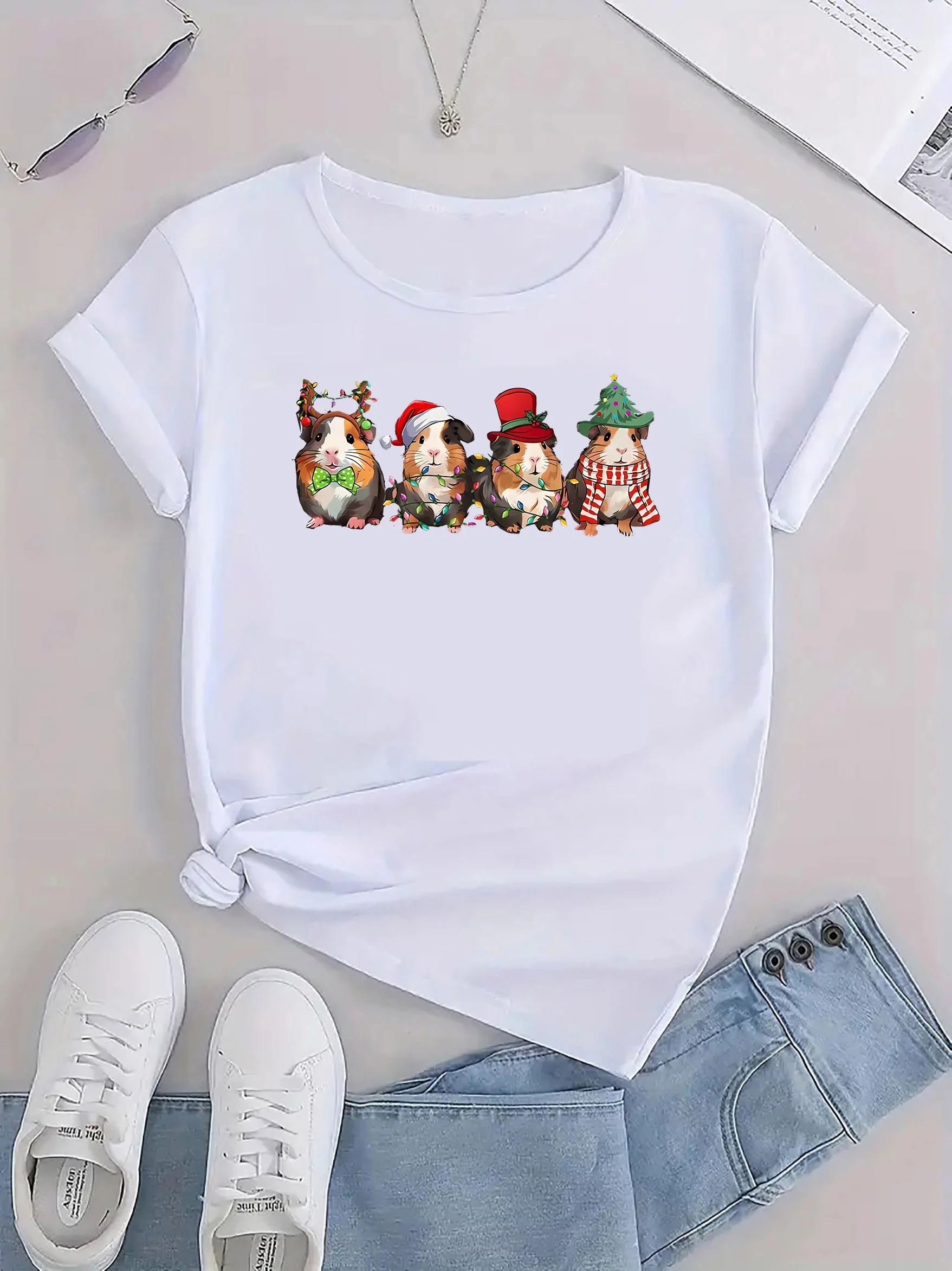 Camiseta informal con estampado de dibujos animados de Navidad para mujer, camiseta informal con manga Harajuku para mujer, ropa de calle, camisetas, ropa estética