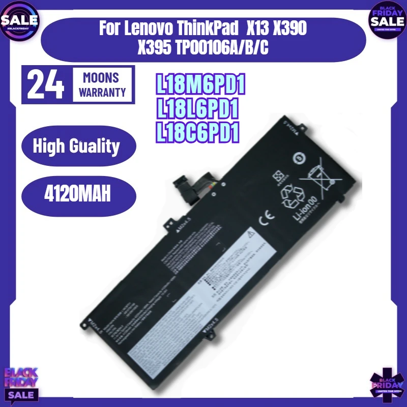 SWZY  4120MAH 46WH L18M6PD1 Laptop Battery For Lenovo ThinkPad  X13 X390 X395 TP00106A/B/C X13 L18L6PD1 L18C6PD1
