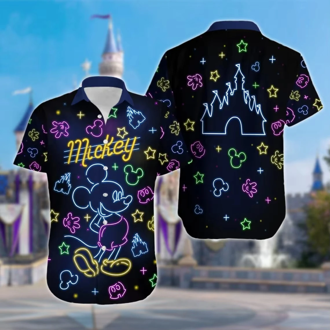 Mickey Neon Hawaiian Beach Shirt, Mickey Button Shirt Holiday, Cartoon Hawaiian Shirt, 3D Fully Printed Shirt