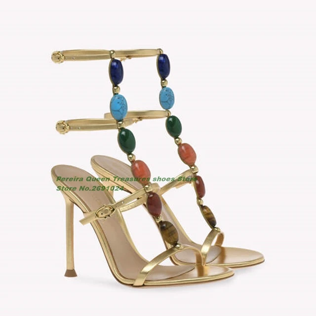 Sandali da donna con fibbia Slingback Open Toe sandali con tacco sottile con pietre preziose colorate estate 2023 eleganti scarpe da pista per feste Plus Size AliExpress