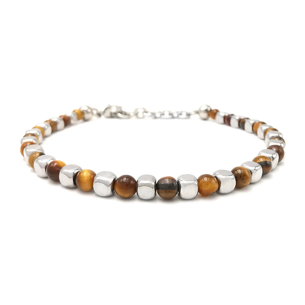 Runda Men's Natural Stone Bracelet Tiger Eye 4mm with Stainless Steel Adjustable Size 22cm Handmade Bead Bracelet for Men