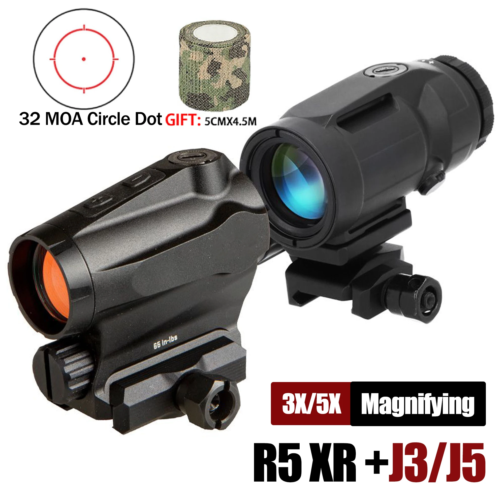 

Tactical R5 XR Red Dot Sight &J3 J5 3X/5X Magnifier Combo Scope Kit Hunting Shooting Rifle Scope Compact Hologram Sight