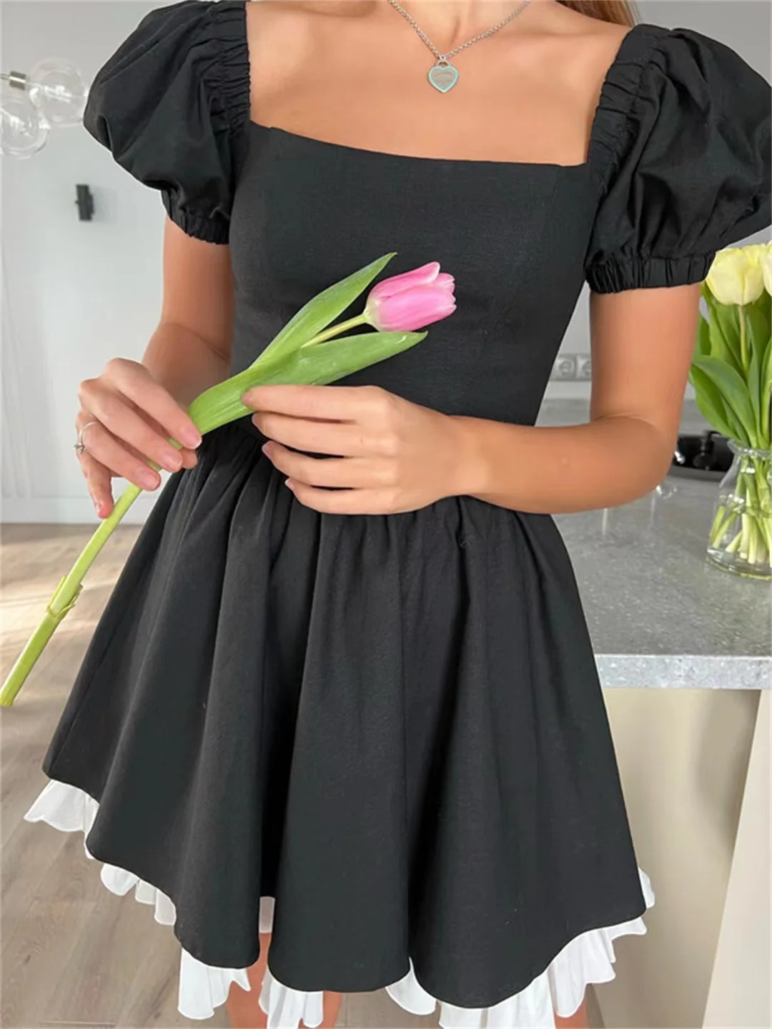 섹시한 스퀘어 넥 플로럴 드레스, 하이웨이스트 A라인 스커트, 출퇴근용 지퍼 클로저 드레스