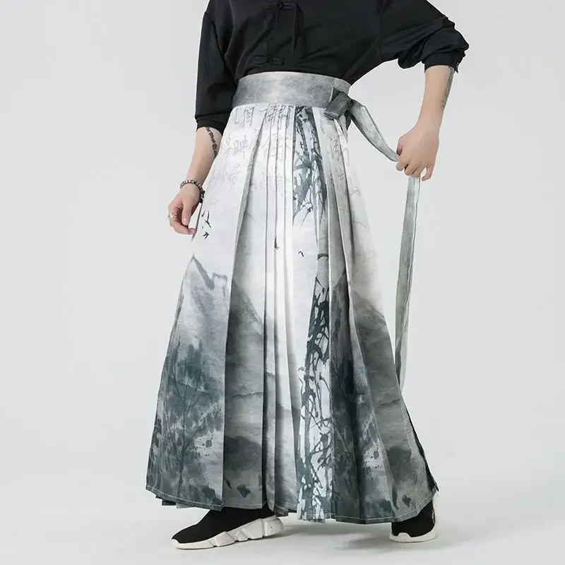 Fashion Modern Ink Painting Printed Hanfu Horse Face Skirt Men's 2024 Harajuku Loose Harem Pants Halloween Plus Size M-5XL