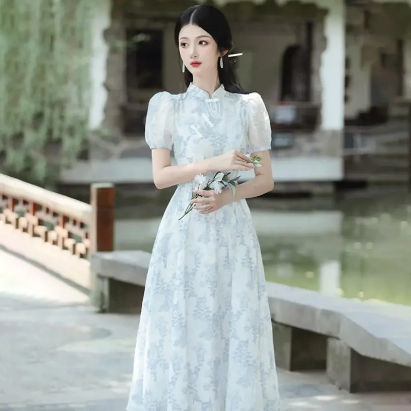 

New Chinese National Improved Cheongsam Dresses Women's 2025 Summer Chic Y2K Blue Floral Mid-Length Waisted Short-sleeved Dress