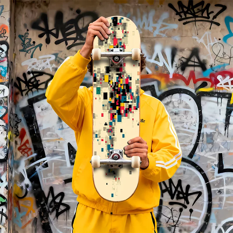 

Pixel Art Scooter & Skateboard Sticker - Removable 2D Bottom Decal, Colorful Retro Video Game Design, Suitable for Skateboards