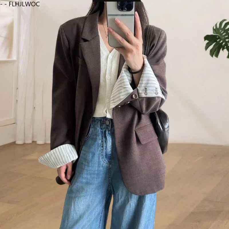 

Shoulder pads Suit Coats Autumn 2025 European Style French Design Women Office Lady Long Sleeve Patchwork Striped Work Blazers