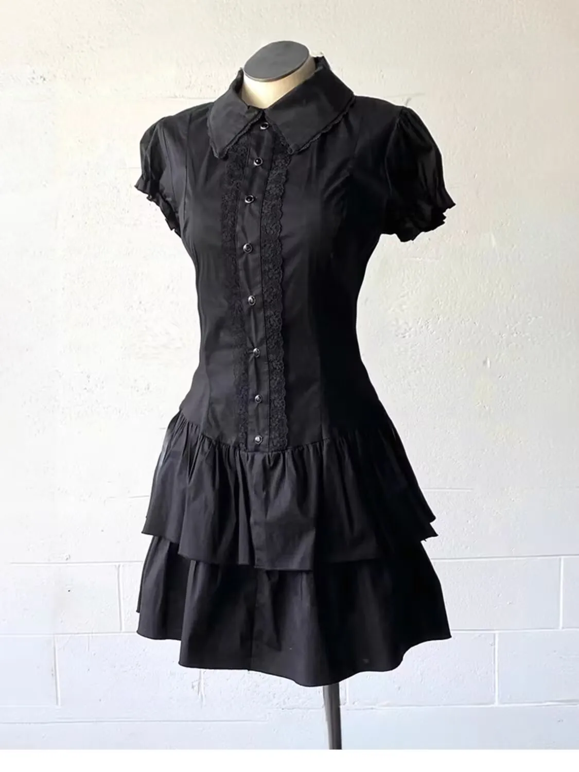 Vintage Black Y2k Dresses Lace Shirt Dress for Women Slim Waist All-match Dresses Short Sleeve Vestidos De Mujer Summer Dress