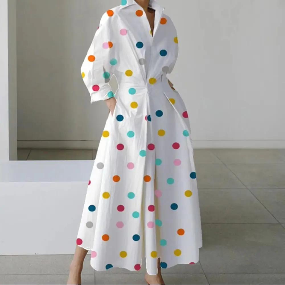 2025 Casual Loose Dress Elegant Women Dress Boho Polka Dot Maxi Dress with V-neck Collar Long Sleeves Women's Wrap for Women's