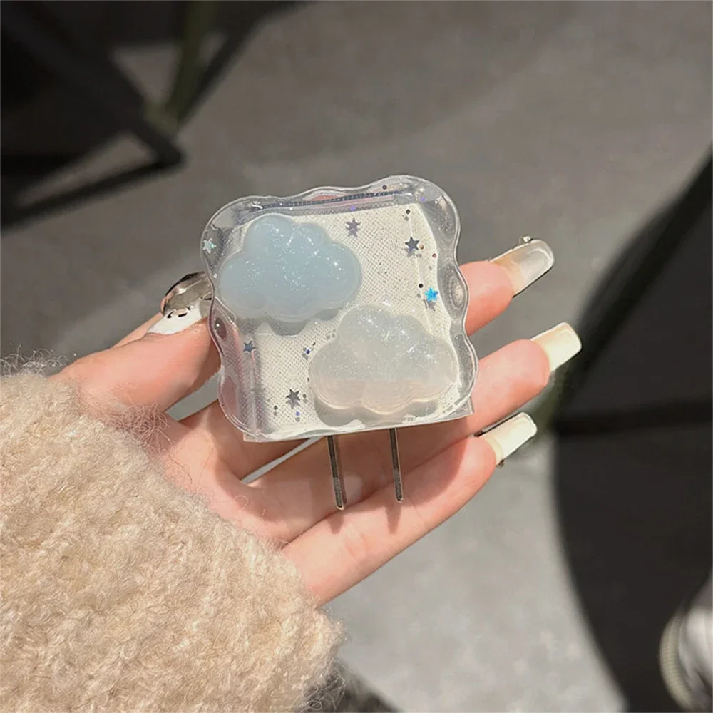 Cute 3D Glitter Cloud Epoxy Wave Border USB Cable Protector Cover for IPhone 18W/20W Data Line Bite Head Cord Fast Charging Case