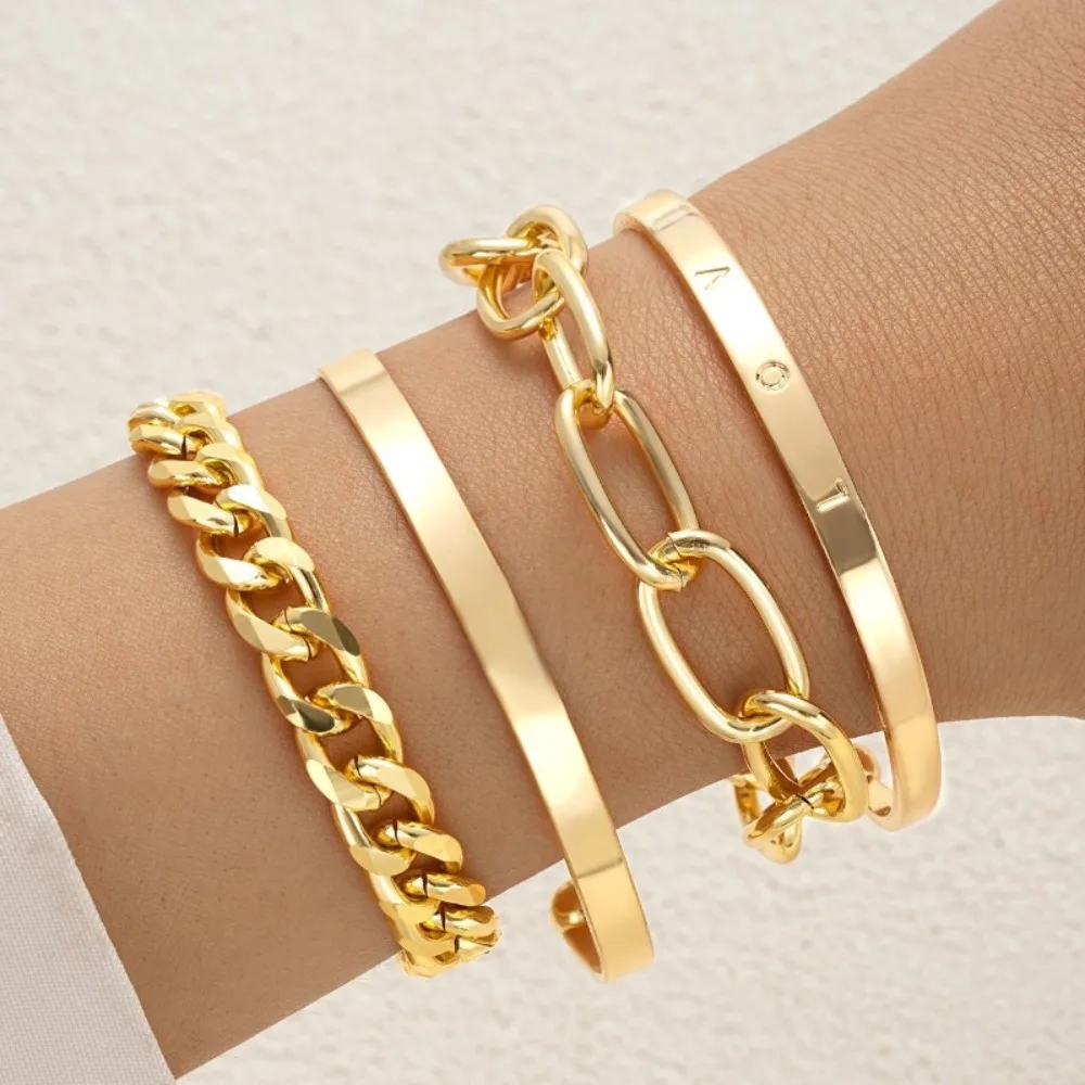 

4PCS Gold Color Letter Love Bangle Set for Women Boho Multi Layers Chain Bracelet Daily Wear Jewelry Set Fashion Jewelry