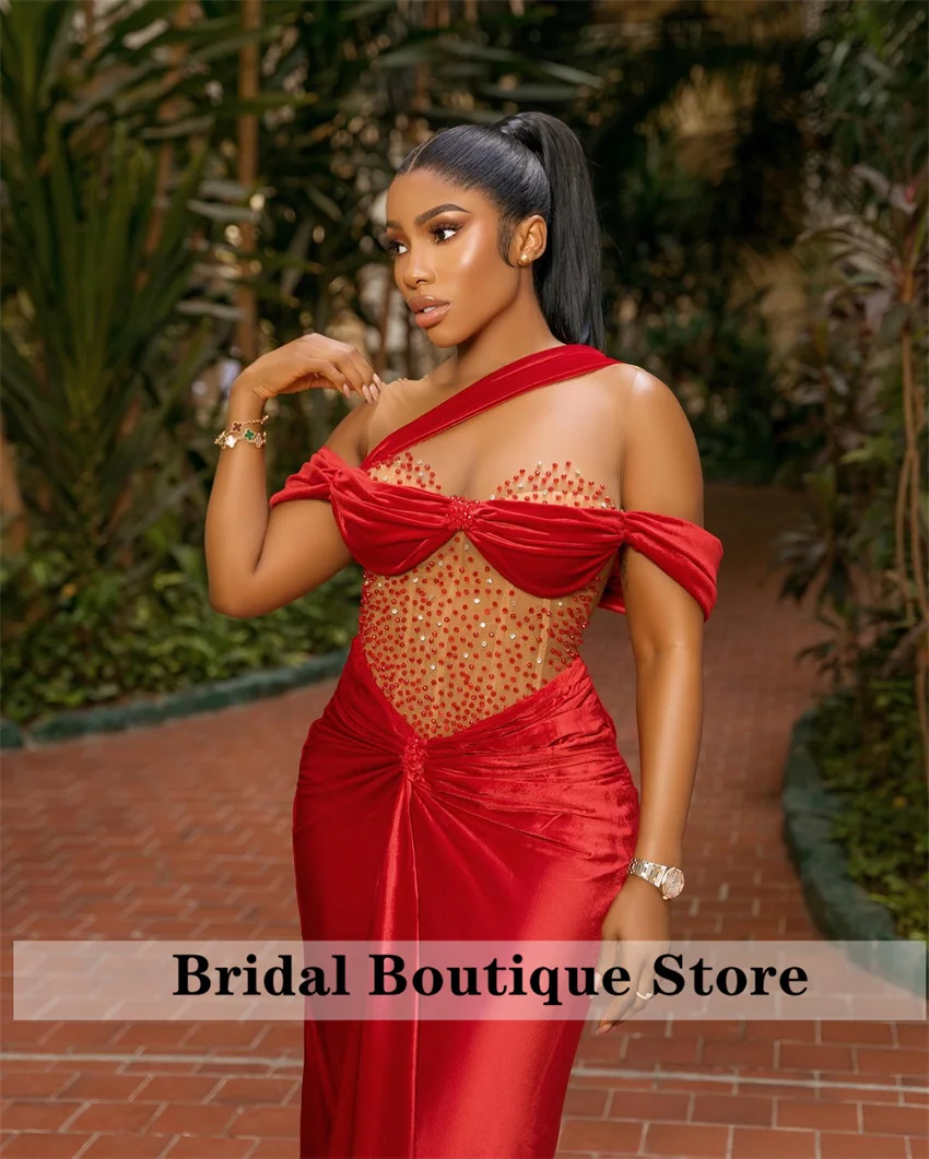 Luxury Red Velvet Mermaid Evening Dress 2024 Off Shoulder Glitter Sexy See-Thru Sequins Beading Diamonds Prom Party Gown Robe