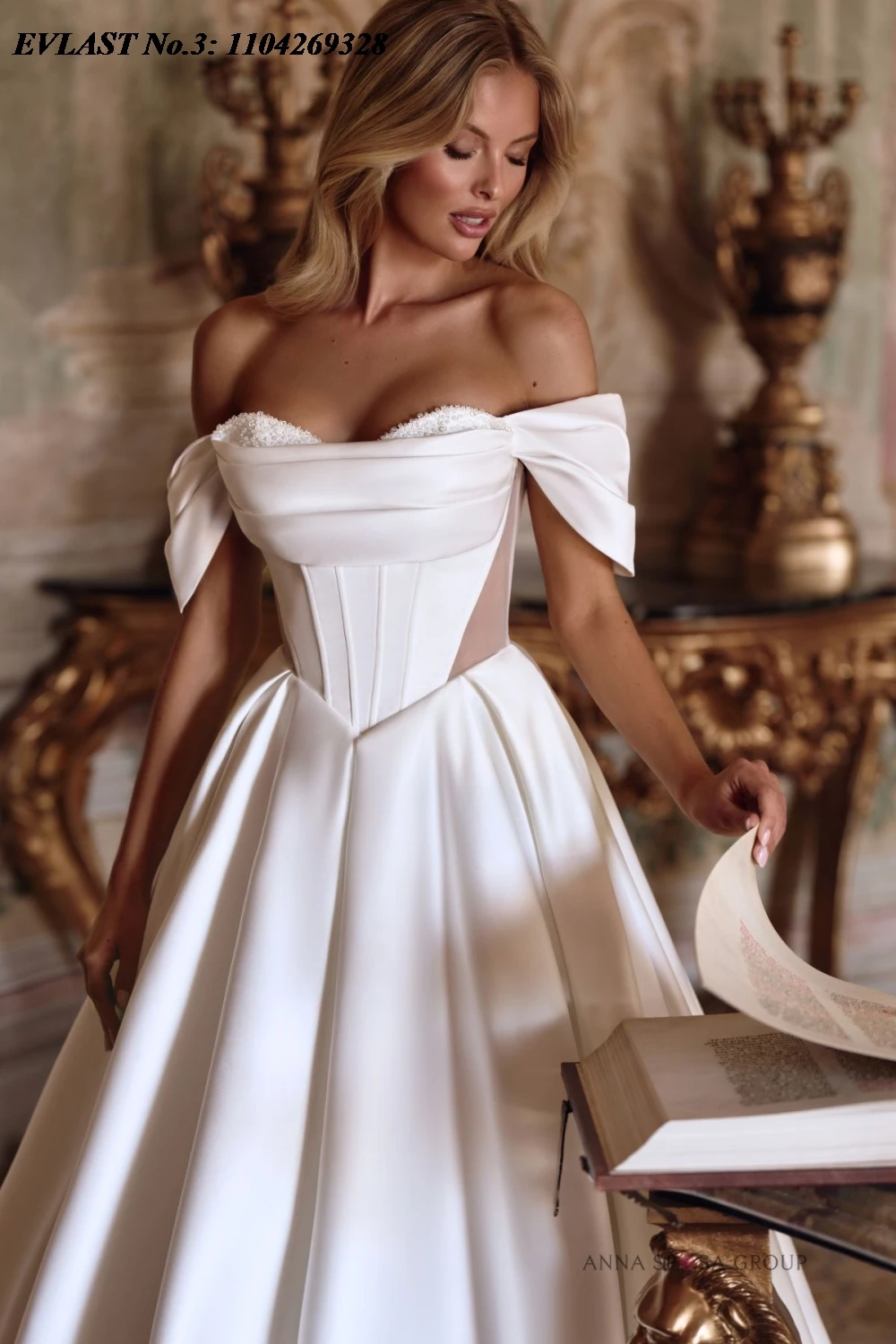 EVLAST カスタムメイド 2026 エレガント アラビック アソエビ Aライン ウェディングドレス オフショルダー サテン プリーツ ブライダルガウン 花嫁衣装 E3WA22