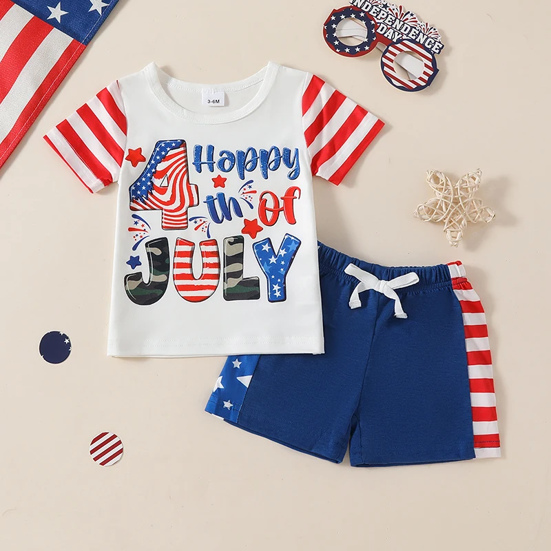 

Summer Independence Day Toddler Baby Boy Outfits Striped Short Sleeve Letter Print Tops + Shorts Set Clothes