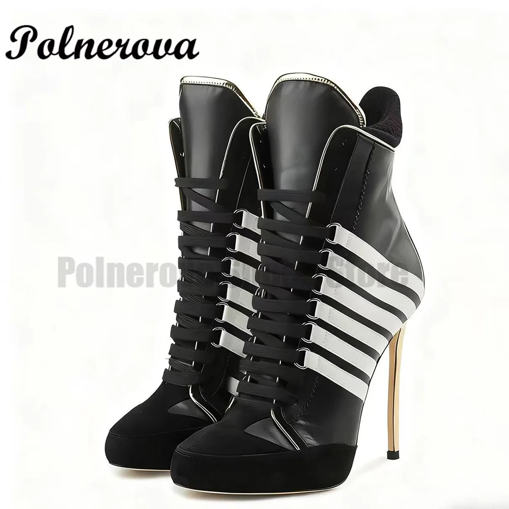 

Patchwork High Top Sneaker for Women Mixed Colors Ankle Boots Round Toe Lace-Up High Heels Boots Women Shoes Botas Mujer