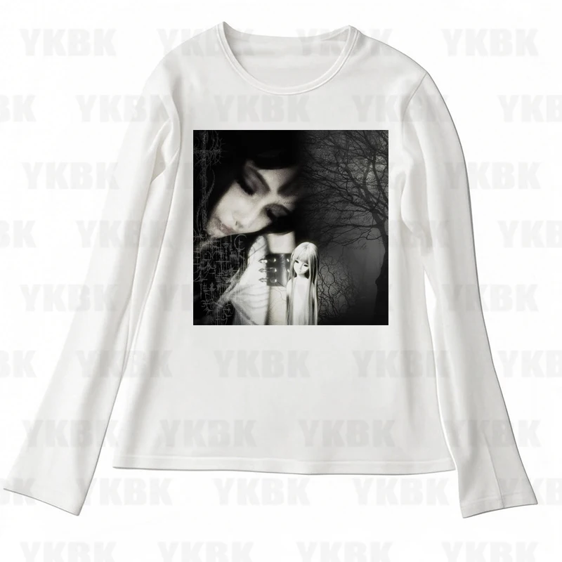 Frauen Harajuku Casual Y2k T-Shirts 2000er Jahre Print Anime Langarm Rundhals Tops Street Fashion Mädchen Goth T-Shirt Mode Vintage