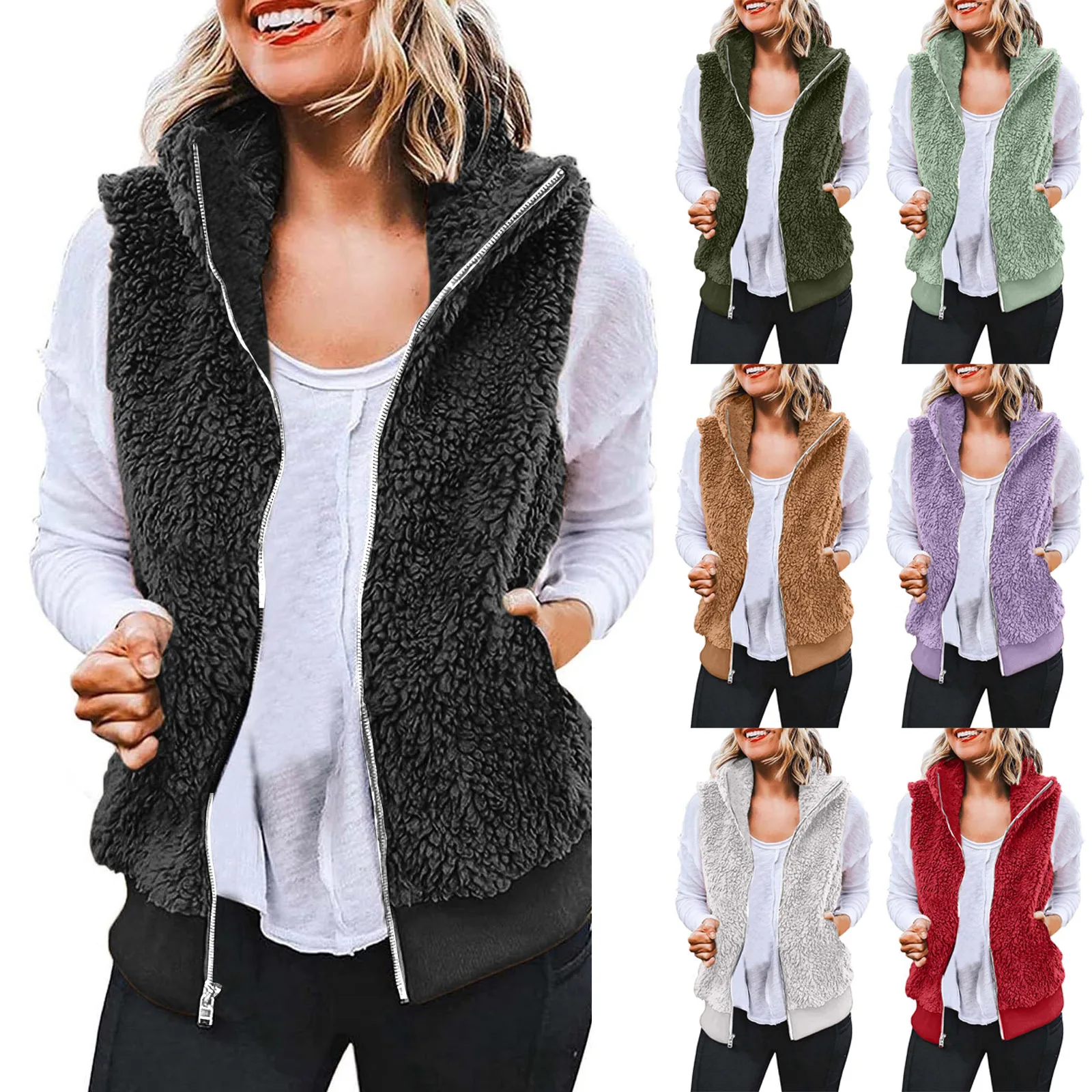 

2025 New Popula Women'S Plush Warm Vest Solid Color Zipper Sleeveless Fleece Vests Autumn Winter Plus Size Casual Jacket Pocket