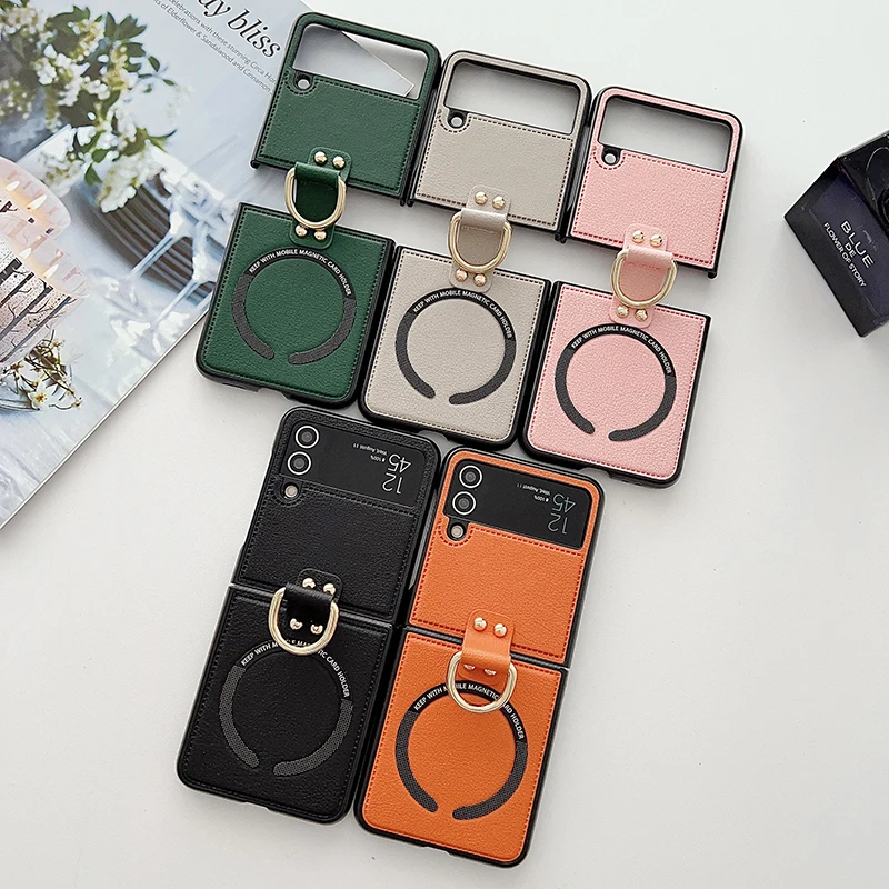 Ring Holder PU Leather for Magsafe Magnetic Wireless Charge Case For Samsung Galaxy Z Flip 6 5 4 3 2 1 Flip2 Flip5  flip1 ZFlip4