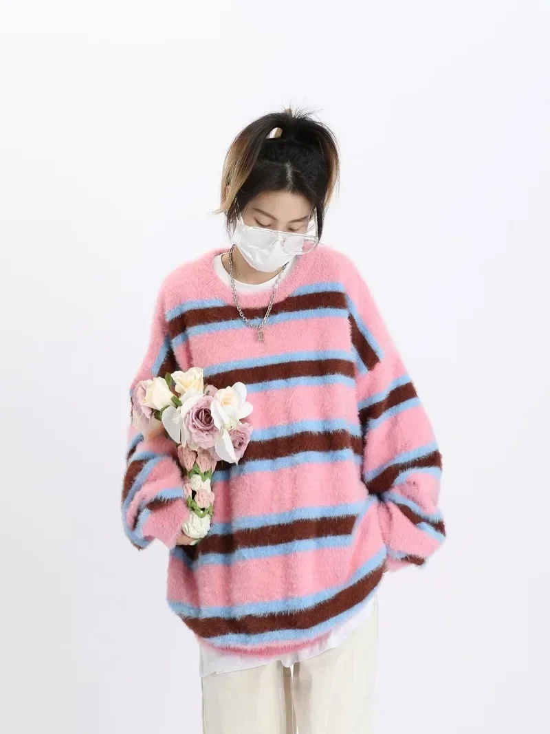 Y2k Striped Pullover Round Neck Sweater Women's Spring And Autumn Loose Korean Vintage Knitted Sweater Men's Couple Clothing