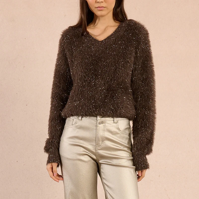 

Женский шикарный элегантный плюшевый вязаный свитер с V-образным вырезом, длинными рукавами-фонариками, свободный трикотажный джемпер, топ в уличном стиле