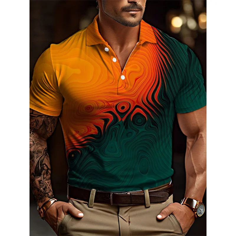 

Men's Colorful Gradient Polo Shirts 3D Printed Simple Geometric Short Sleeve Pullover Loose Casual Comfortable Button Lapel Tops