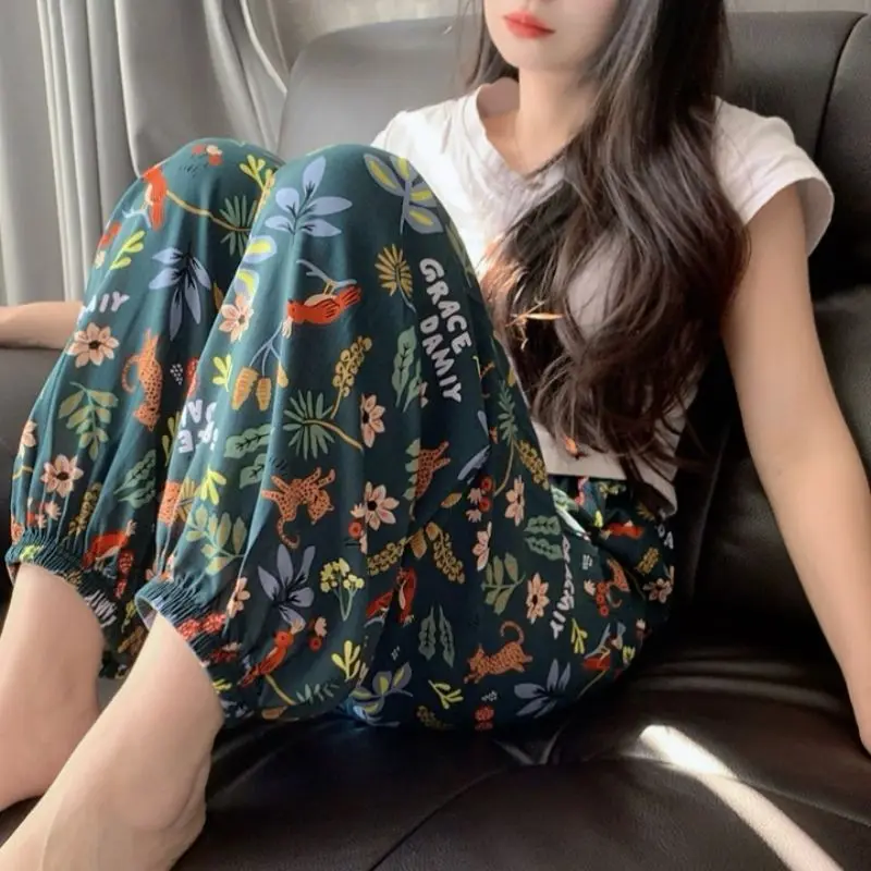 SYsYouthfully Printed Casual Sleep Harem Pants Spring Summer Loose Casual Pants Wide-Leg Home Pants 2026 Long Thin Outside Pant