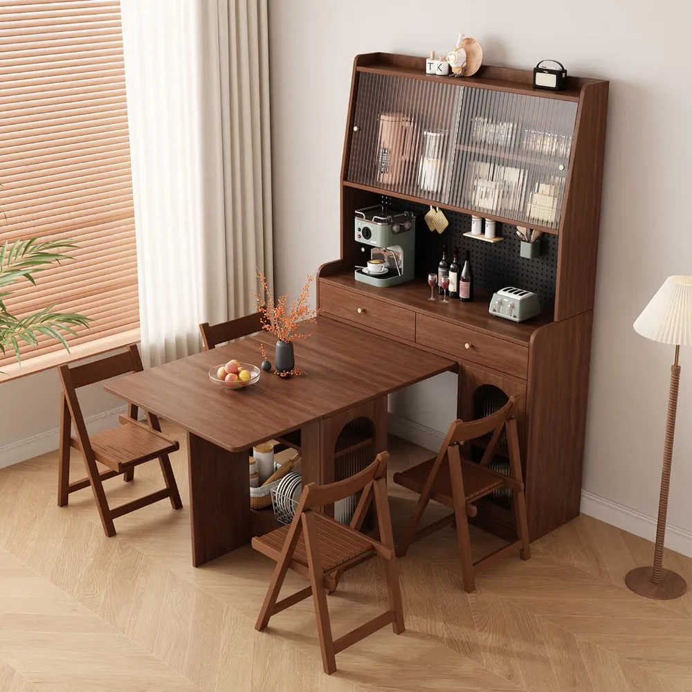 #Space Saving Foldable Embedded Dining Cabinet & Table Combo Retractable Wall-Mounted Storage Sideboard With Wine Rack For Home