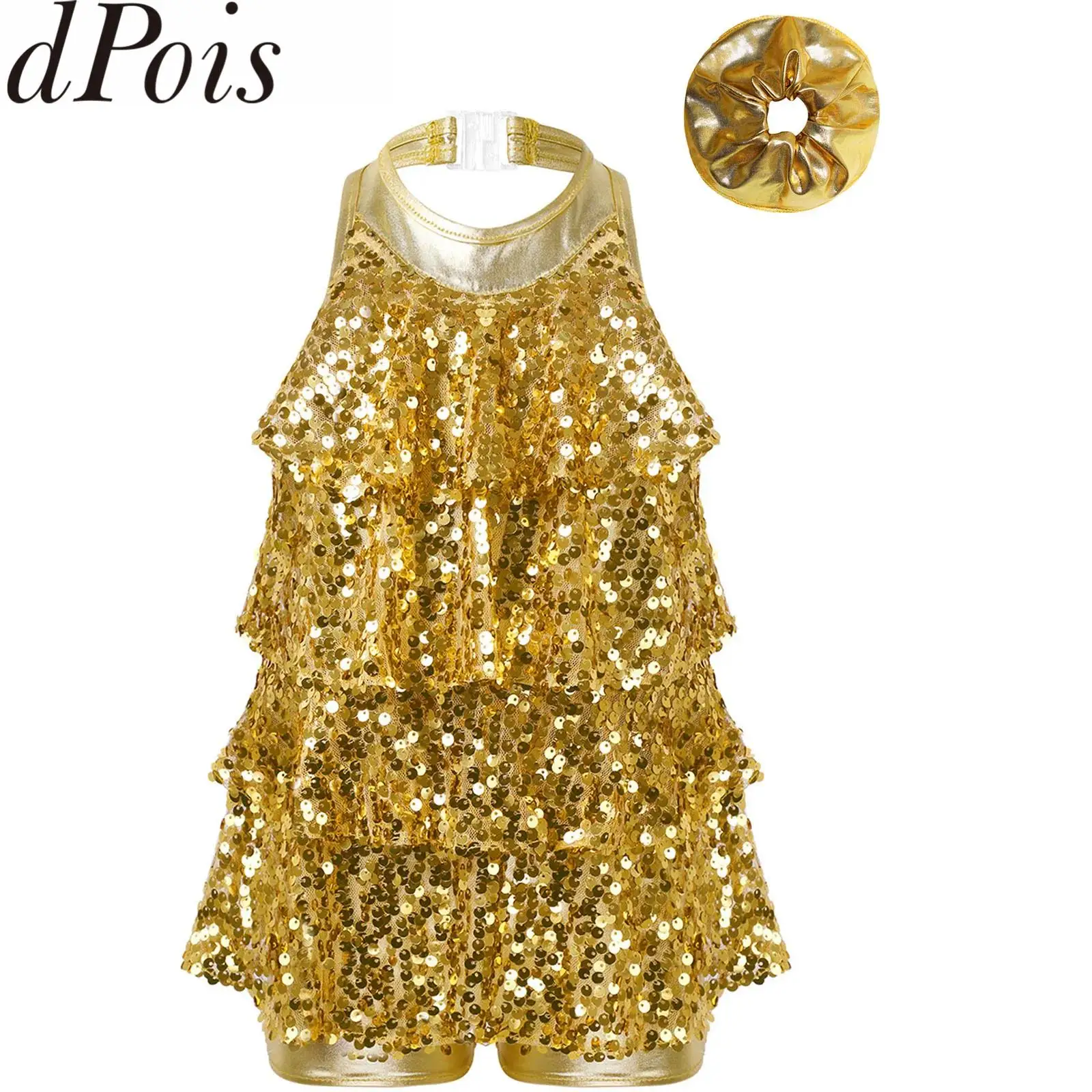 เด็กหญิง Hip Hop แจ๊สเต้นรําละตินเครื่องแต่งกายแขนกุด Halter เลื่อม Shorty Unitard ผม Band Leotard บัลเล่ต์ Performance