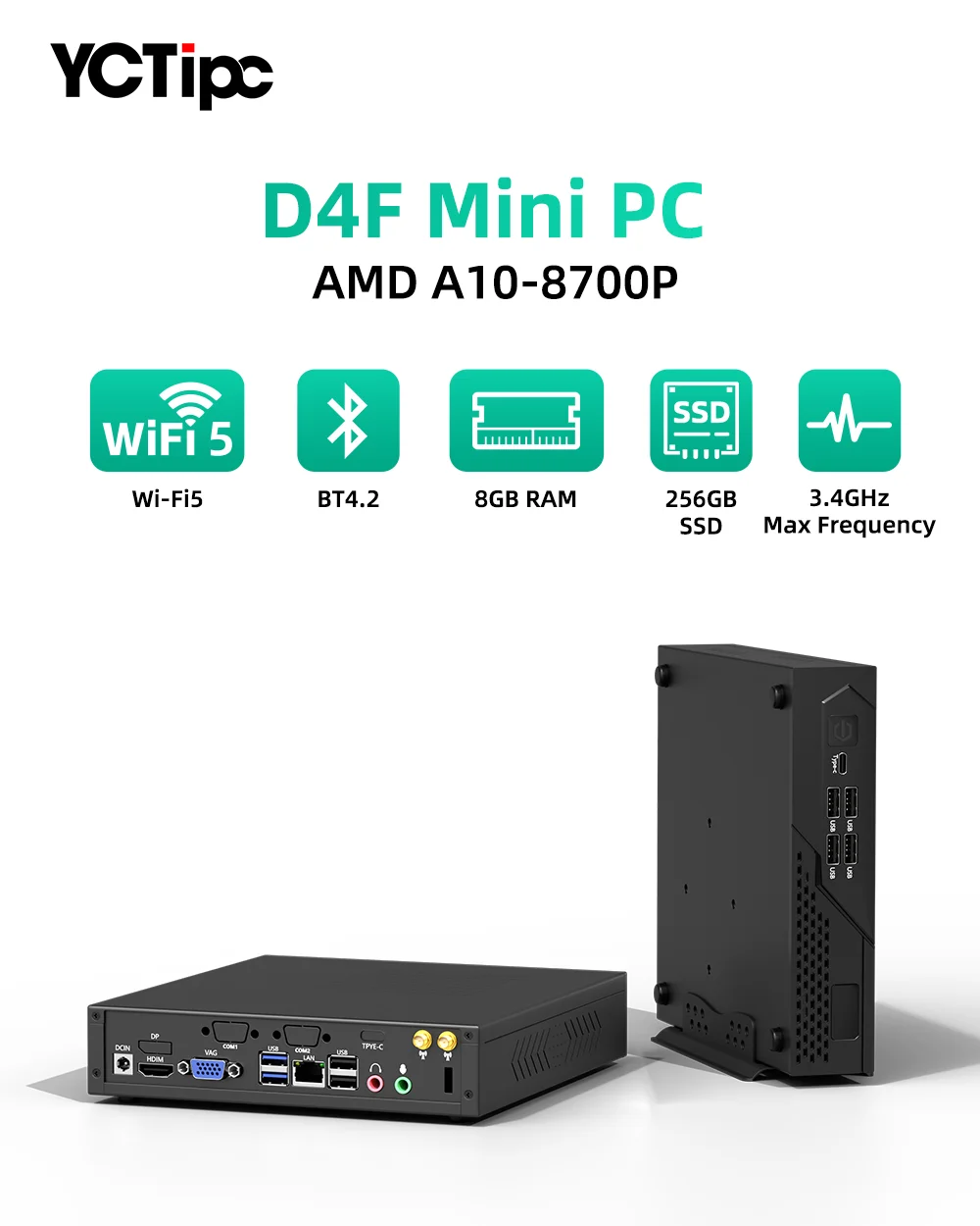 YCTipc AMD A10-8700P/A12-9720P DDR3 미니 PC 사무용 컴퓨터 HDMI+VGA 4K@60Hz 512GB SSD 데스크탑 미니 컴퓨터 WiFi5