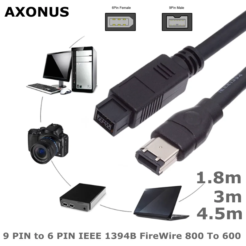 1,8 M/3 M/4,5 M 9 pines a 6 pines IEEE 1394B FireWire 800 a 600 Cable de datos para cámaras digitales, tarjetas de sonido y otros equipos