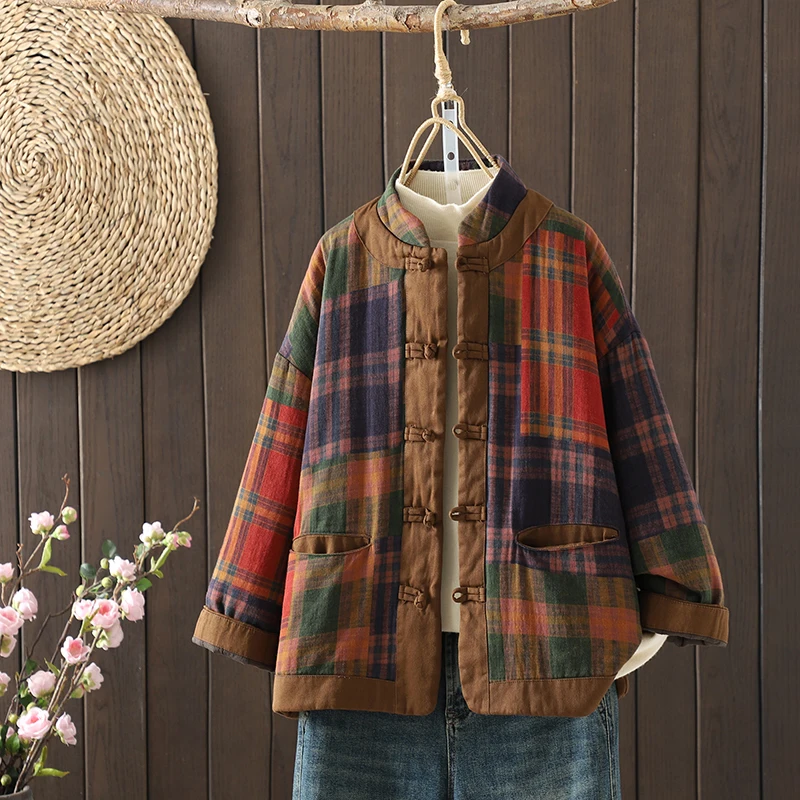 

Loose Fit Casual Cotton Jaet with Button Detail Large Size Stand Collar Embellied with Cotton Inserts Winter Outerwear