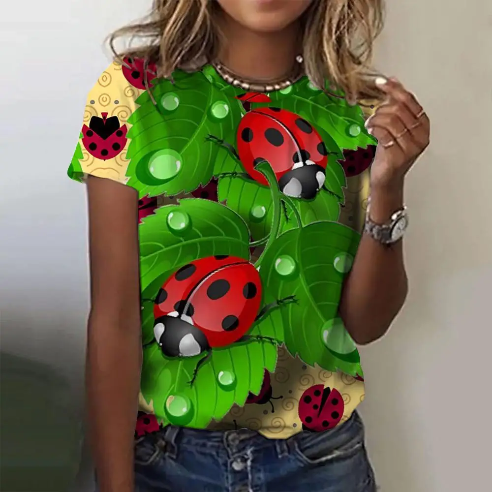 Summer Ladybug Floral 3D Print T-shirts Women Streetwear Casual Fashion Y2k Short Sleeve T Shirt O-neck Tees Tops Clothing