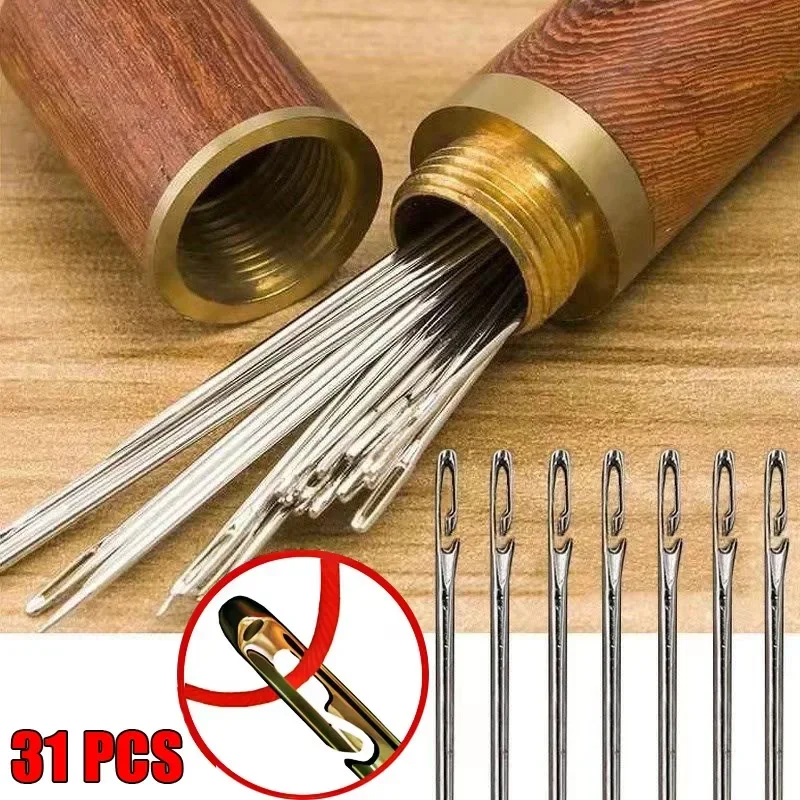 31pcs Blind Sewing Needle Elderly Stainless Steel Quick Automatic Self-Threading Needle Stitching Pins DIY Punch Needle Threader