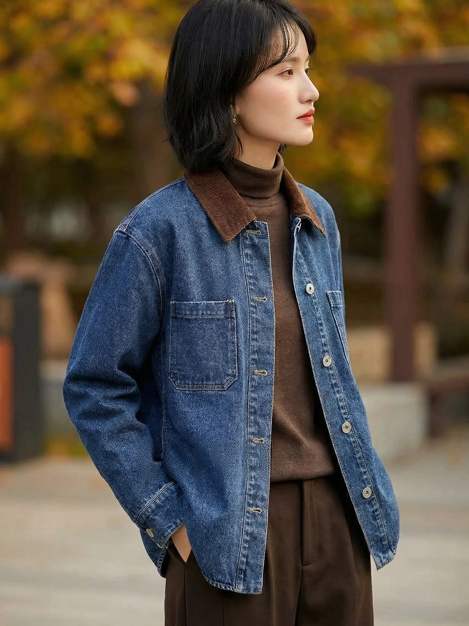 

Retro Distred Blue Denim irt Women's Loose Casual Faion Thin Outerwear Spring 2026 Cotton Long Sve Button up