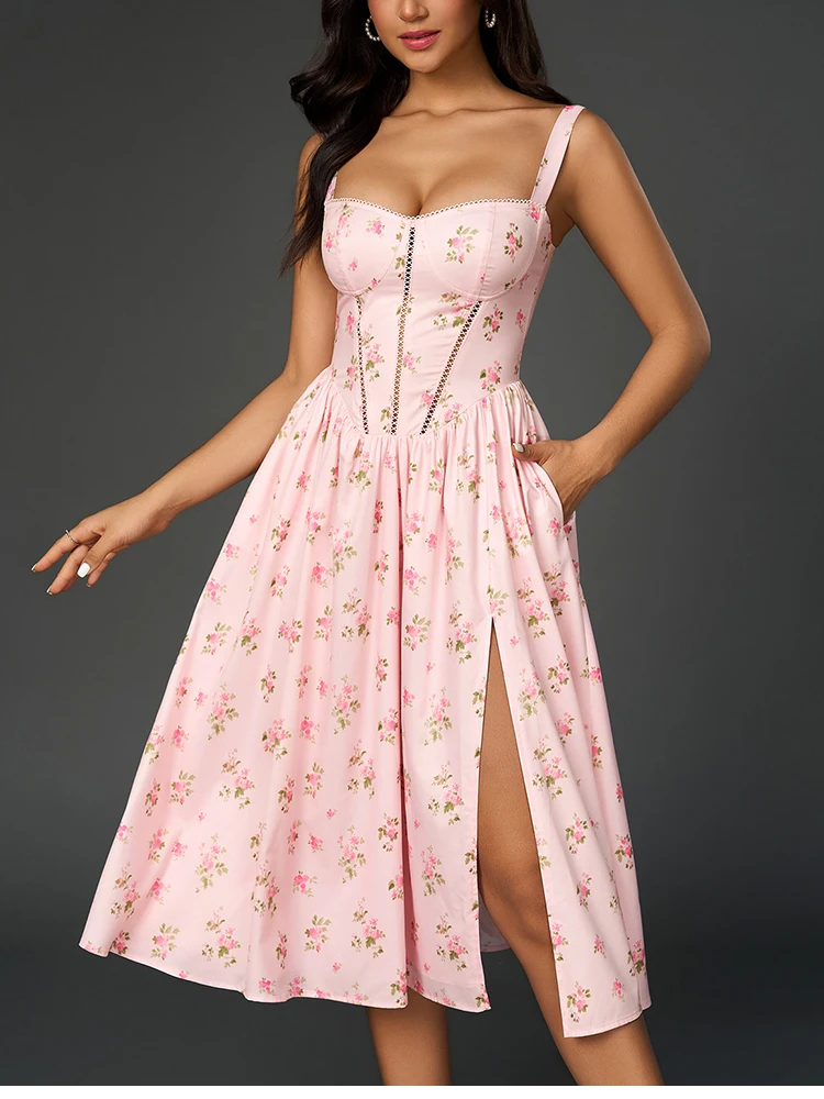 NewAsia Damen-Midikleid mit Blumendruck, Träger, A-Linie, sexy, hoher Schlitz, rückenfrei, zarte Ausschnitte, Sommerparty, Strandurlaubskleid