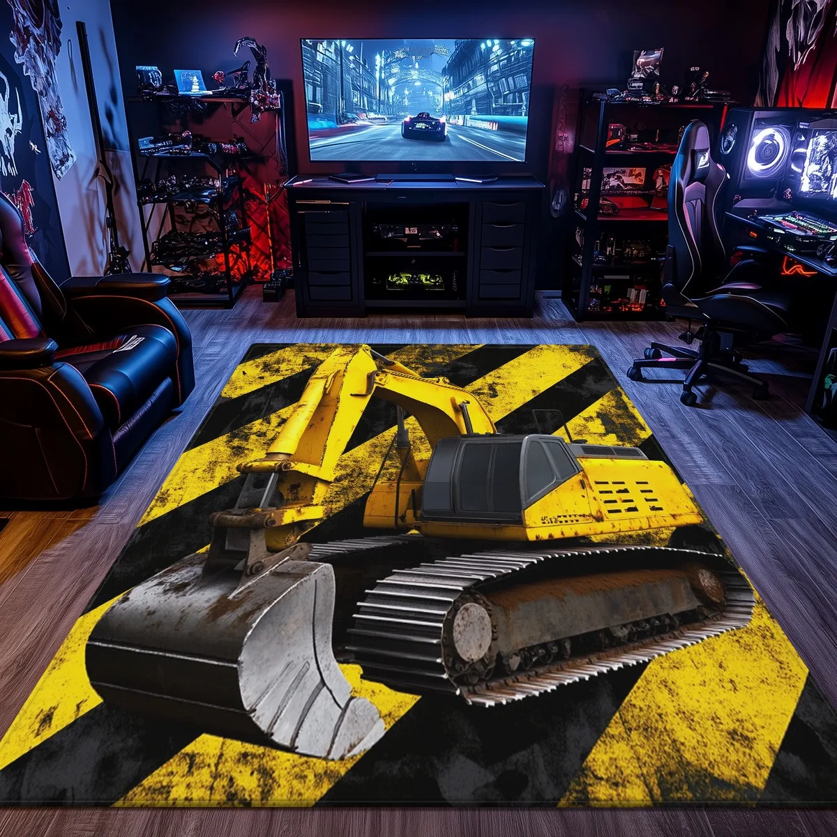 

Construction Excavator Yellow Black Stripe Crystal Velvet Rug Industrial Theme Gamer Room Decor Heavy Duty Floor Mat