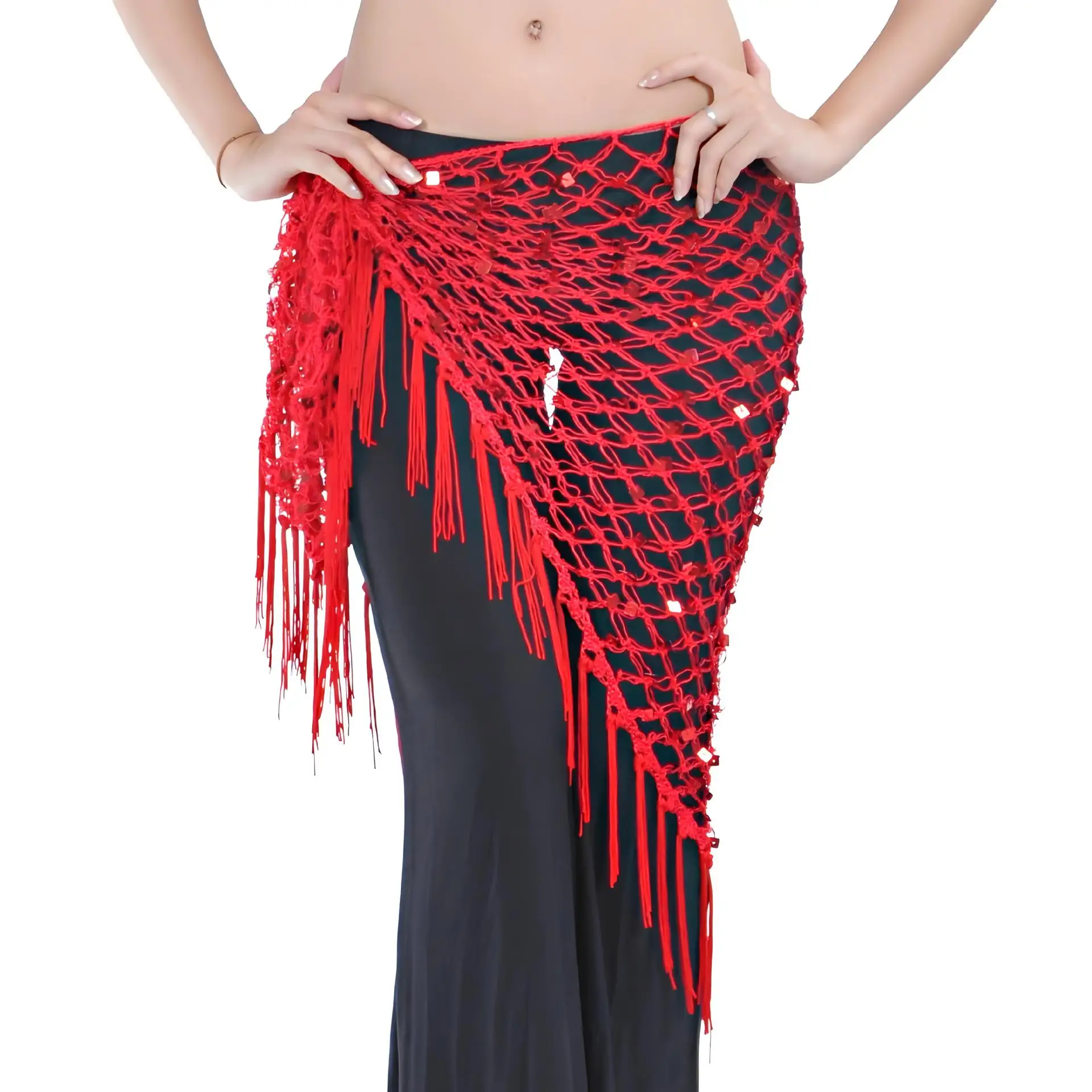 

Belly Dance Practice Clothes Accessories Long Tassel Triangle Belt Hand Crochet Belly Dance Hip Scarf Sequin