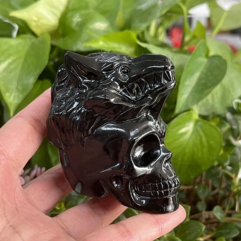 Natural Obsidian Wolf Skull Quartz Wolf  Skull Mineral Stone Crystal Animal Model Home Holiday Gifts Specimen Collection