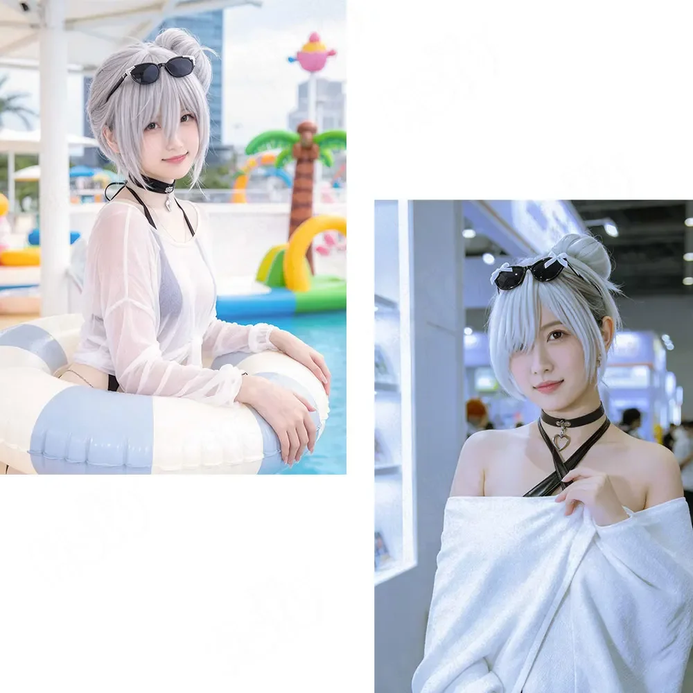 HSIU Silver Blue Gray Short Natural Wig Cinderella Cosplay NIKKE Heat Resistant Synthetic Hair Unisex Daily Gift Wig Cap