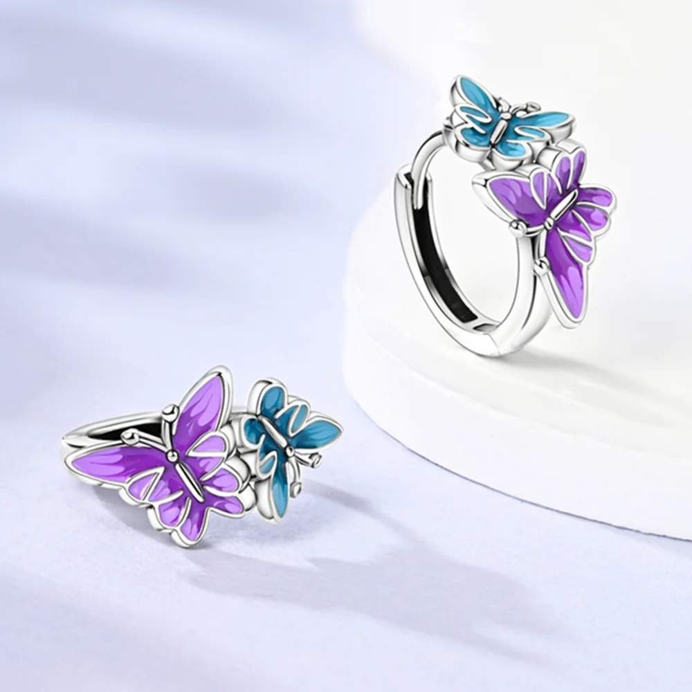 925 Sterling Silver Blue Purple Butterfly Hoop Earrings for Women Fashion Earrings Jewelry Gifts