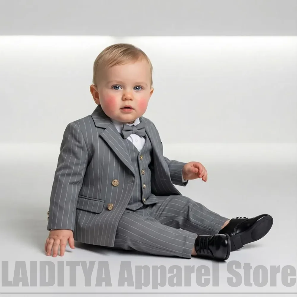 Gray Pinstripe Boys Three Piece Suit Notch Lapel Double Breasted Outfit Baby Page Boy Wedding Birthday Photoshoot Tuxedo
