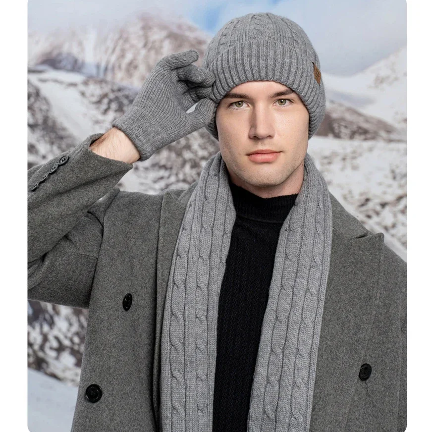 3pcs Wool Winter Hat Scarf Glove Sets for Men Women Beanies Hats Set Long Scarf Touch Screen Gloves