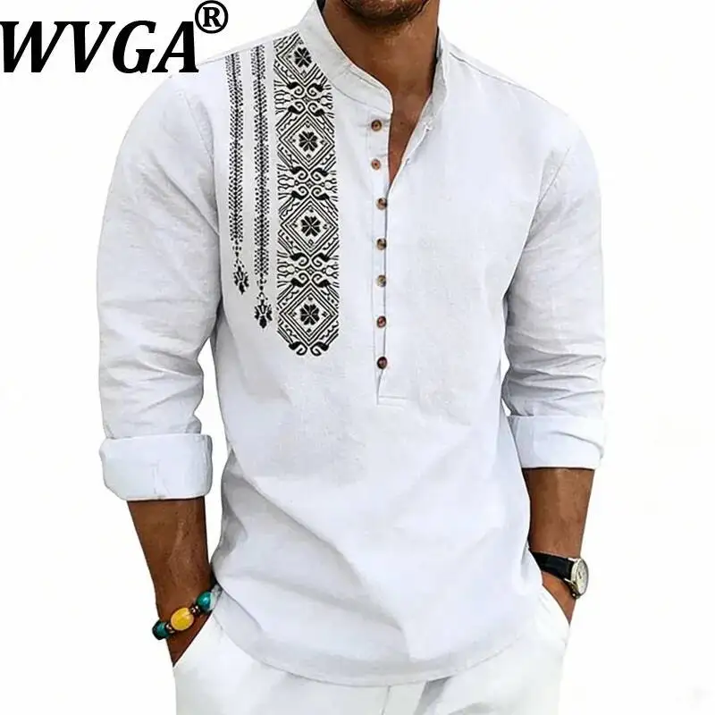 

WVGA Spring Summer New Men's Long-sleeve Printed Breathable Stand-collar Button-up Trendy Shirt Niche Chic Casual Top Ins W23443