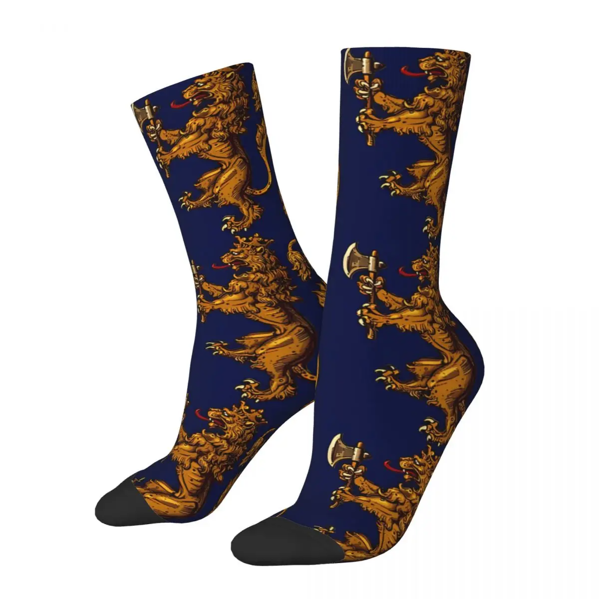 Happy Men's Socks Heraldic Vintage Golden Lion And Damask Hip Hop Seamless Crew Sock Gift Pattern Printed