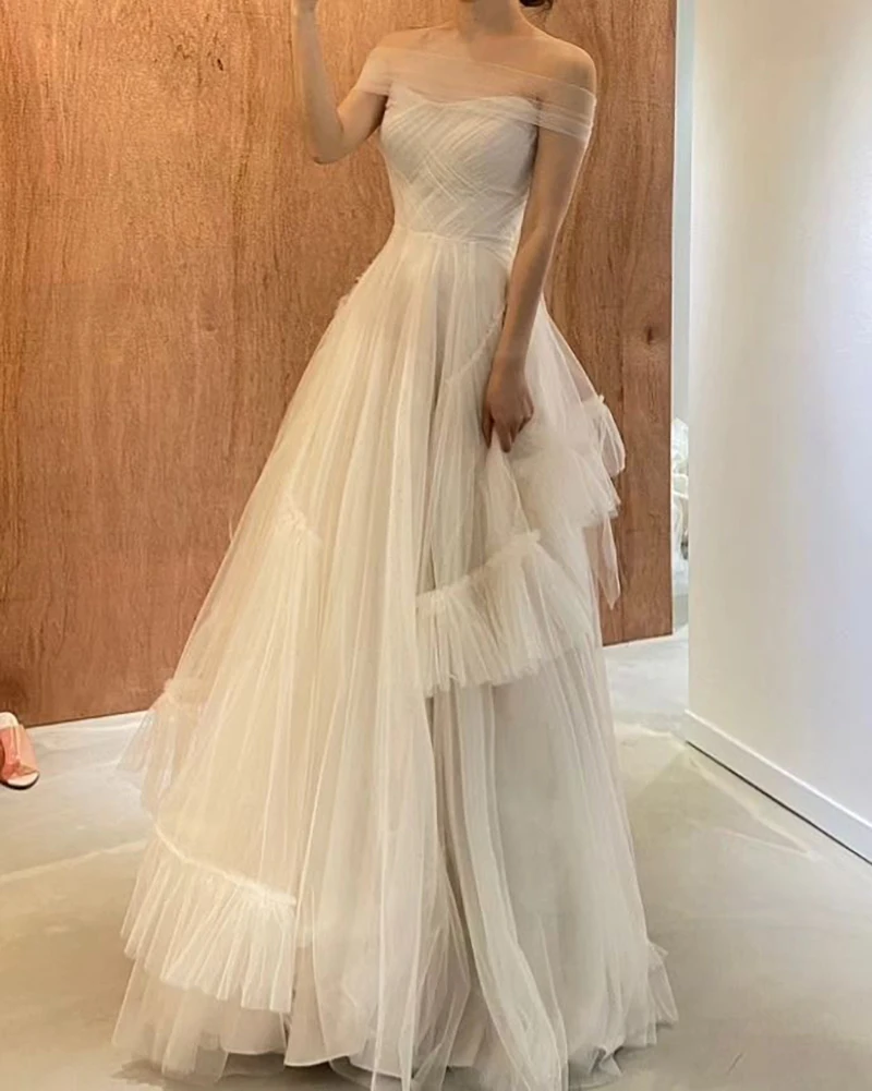 OEING Strapless Korea Garden Evening Dresses Tiered Sleeveless Formal 프롬드레스 Floor Length Elegant Prom Grown Party Women Bride