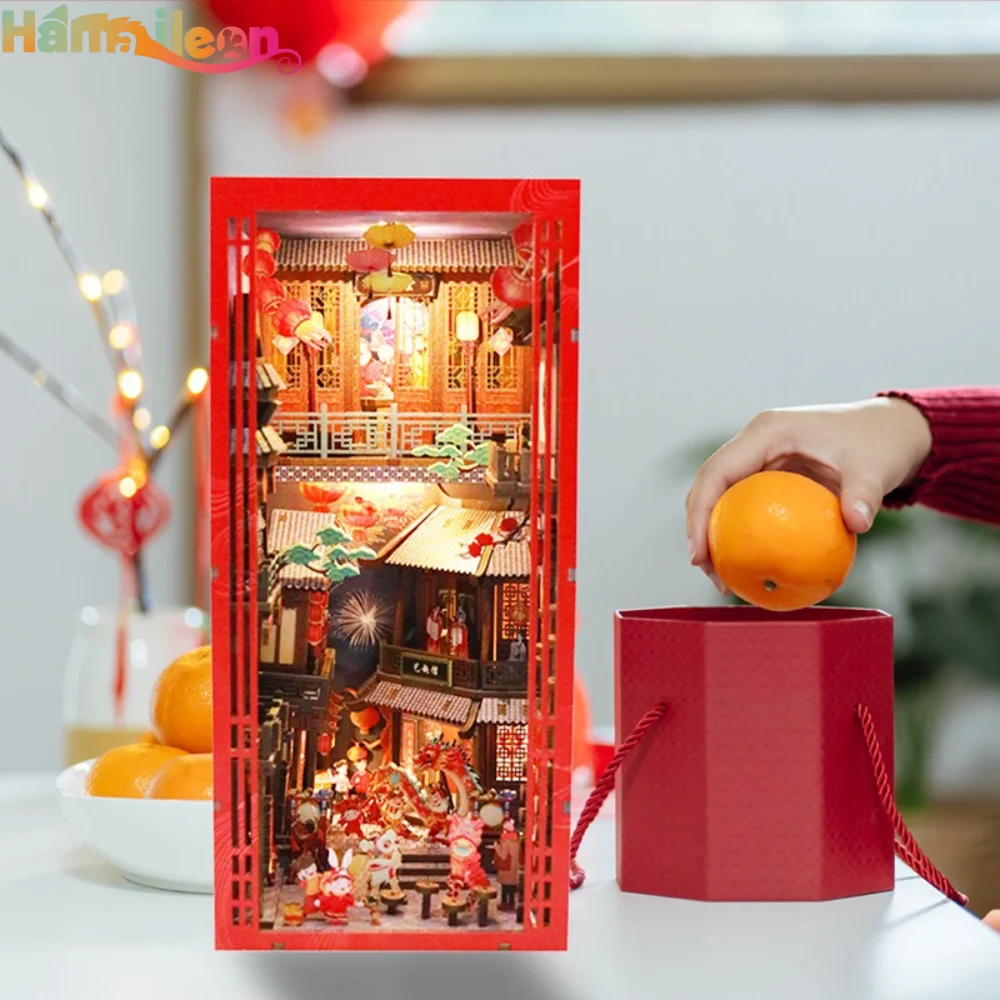 Hamaileon 3D 나무 책 스탠드 퍼즐, DIY 인형 집 나무 북 엔드 책 구석 모델 구축 키트 LED 조명 (Huayun Shengjing)