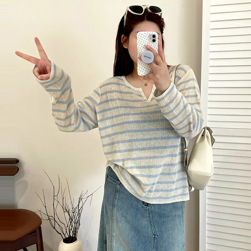 

Большой вязаный свитер с v-образным вырезом и длинными рукавами, свободный и утягивающий полосатый свитер, женский топ, тонкий и модный трикотаж из шерсти